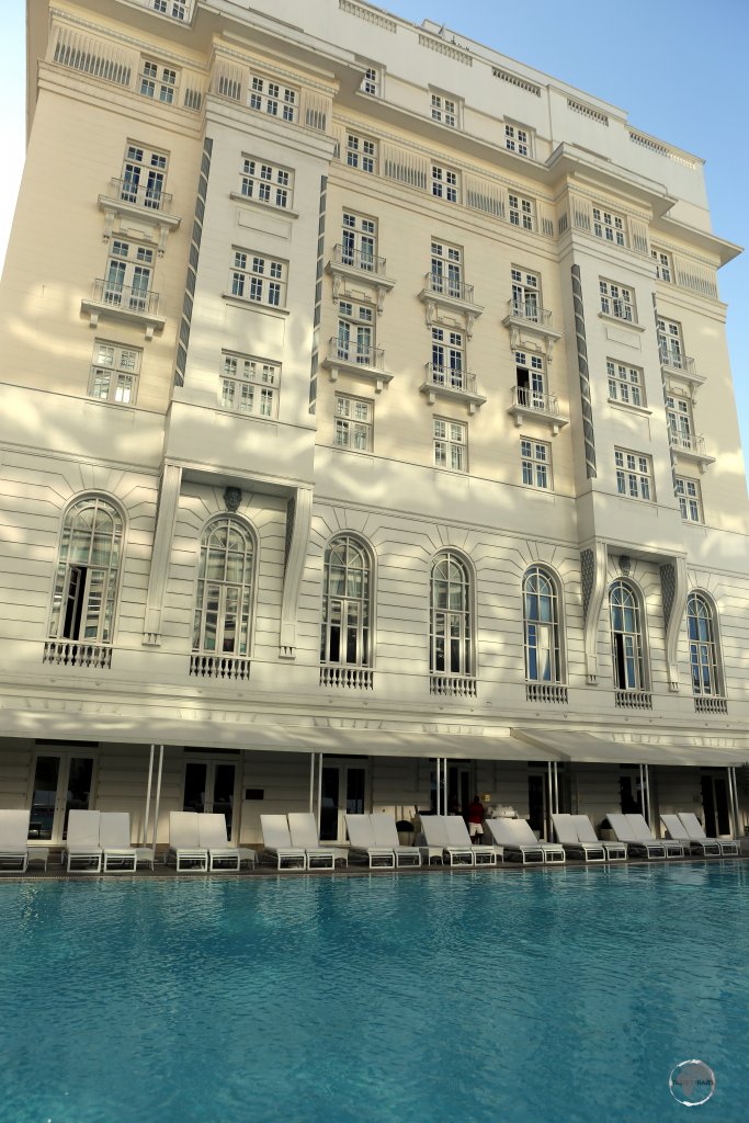 The swimming pool at the Copacabana Palace hotel, which lies on Copacabana beach in Rio de Janeiro.