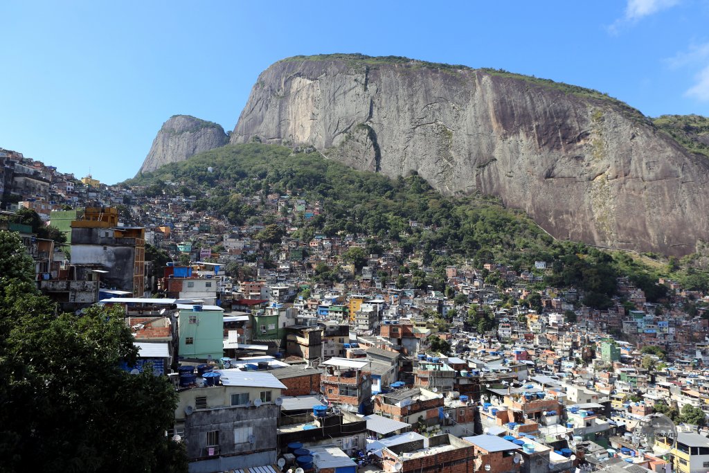 Panoramic view of Rocinha favela, the largest favela in Brazil, located in Rio de Janeiro's South Zone.