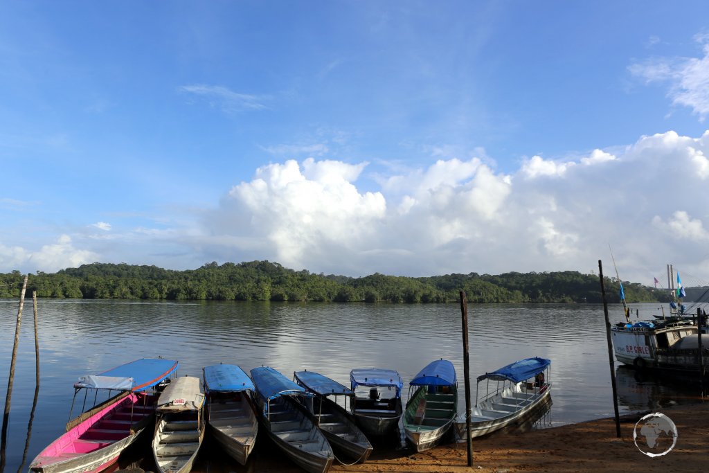 Boats on the Oyapock River, in the Brazilian frontier town of Oiapoque, Amapá state. French Guiana, a territory of France and part of the European Union, lies on the opposite bank.