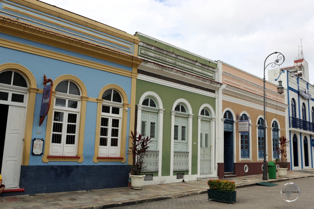 Colourful houses in Manaus, the capital of Amazonas state, which is situated in the heart of the Amazon Rainforest, 900 miles (1,450 km) inland from the Atlantic coast.