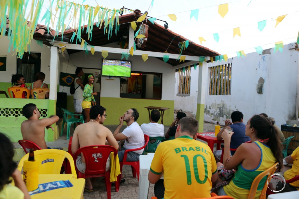 Joining the locals in Canoa Quebrada to watch Brazil play one of their 2016 World Cup games, which was playing in Brazil.