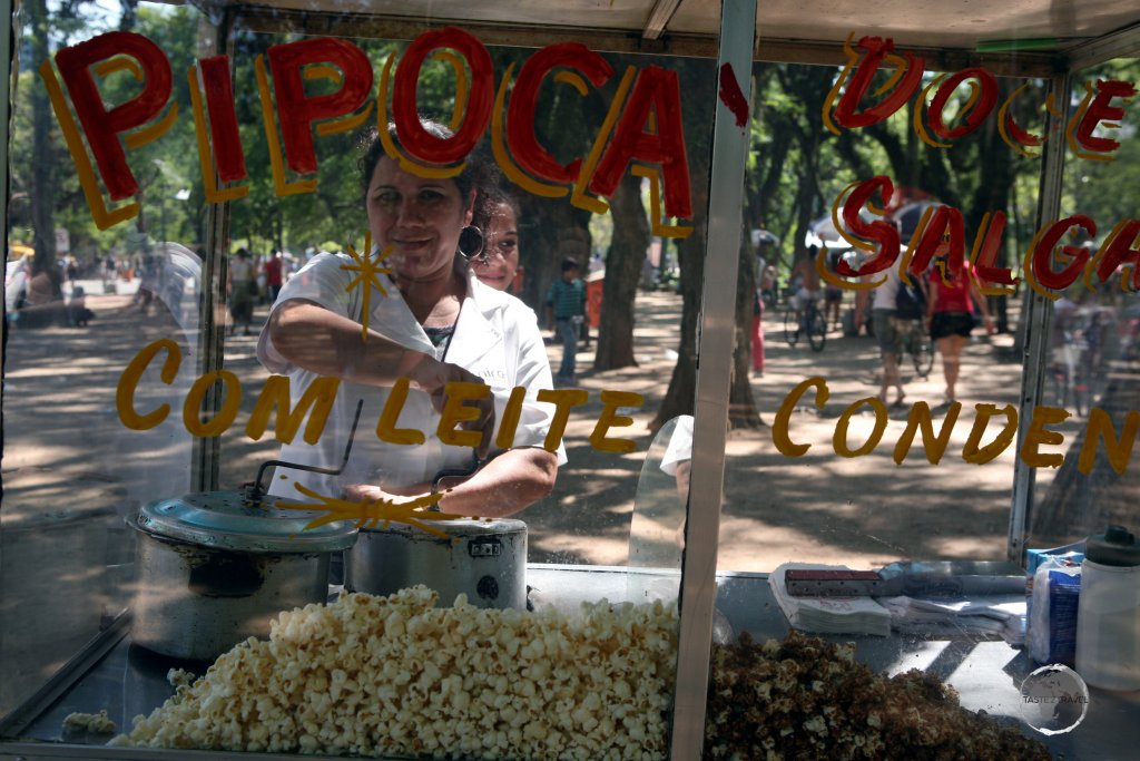 A popcorn vendor in downtown Porto Alegre, the capital of Rio Grande do Sul, the most southerly state of Brazil.