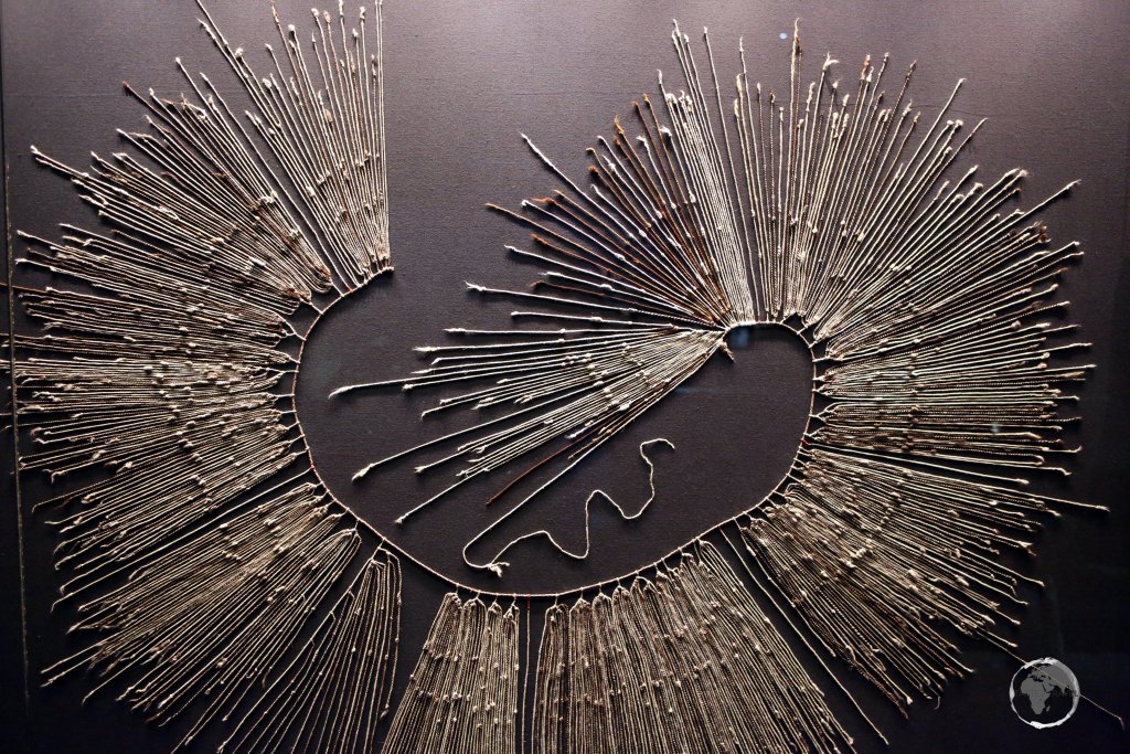 An early accounting instrument, a 'Quipu', such as this one at the 'Museo Chileno de Arte Precolombino' in Santiago, is an intricate system of knotted strings of various colours that store and convey information.