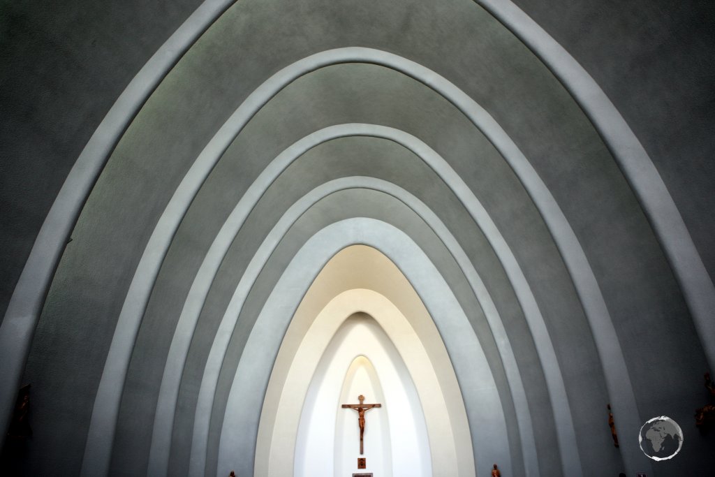 The austere interior of the modernist Saint Charles Borromeo Cathedral, a highlight of the city of Chillán.