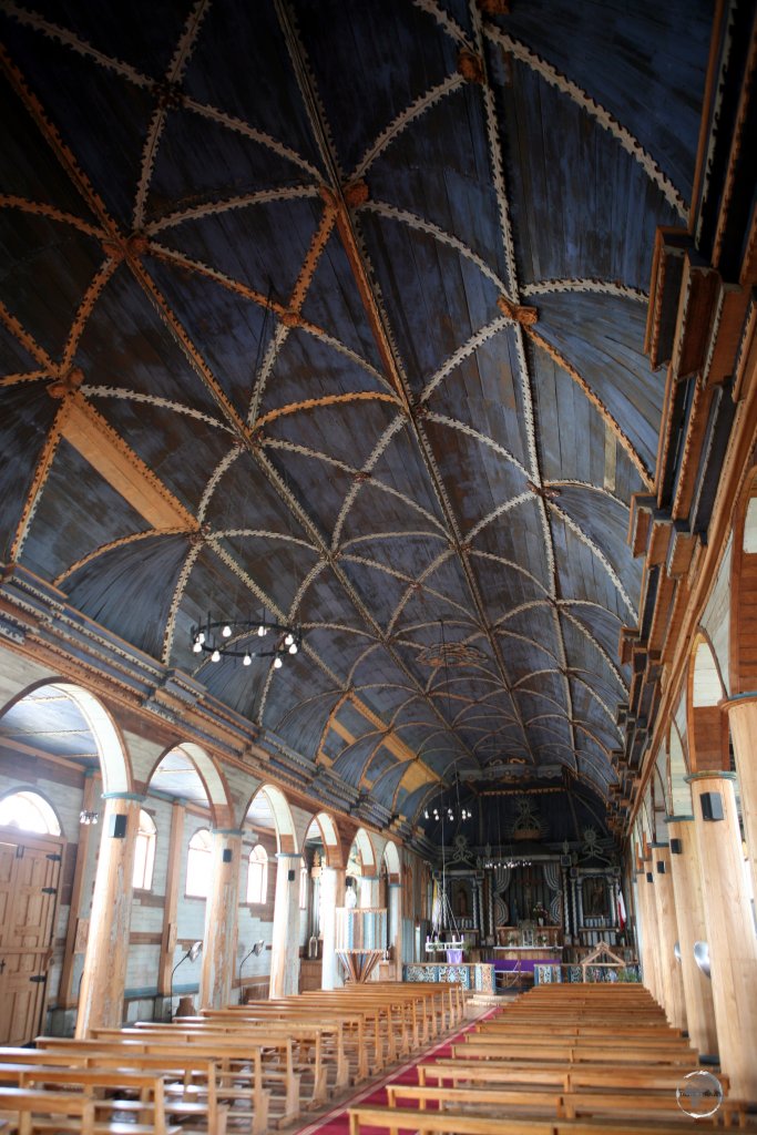 A view of the beautiful nave of the Church of Santa María de Loreto de Achao, which is built entirely from wood.