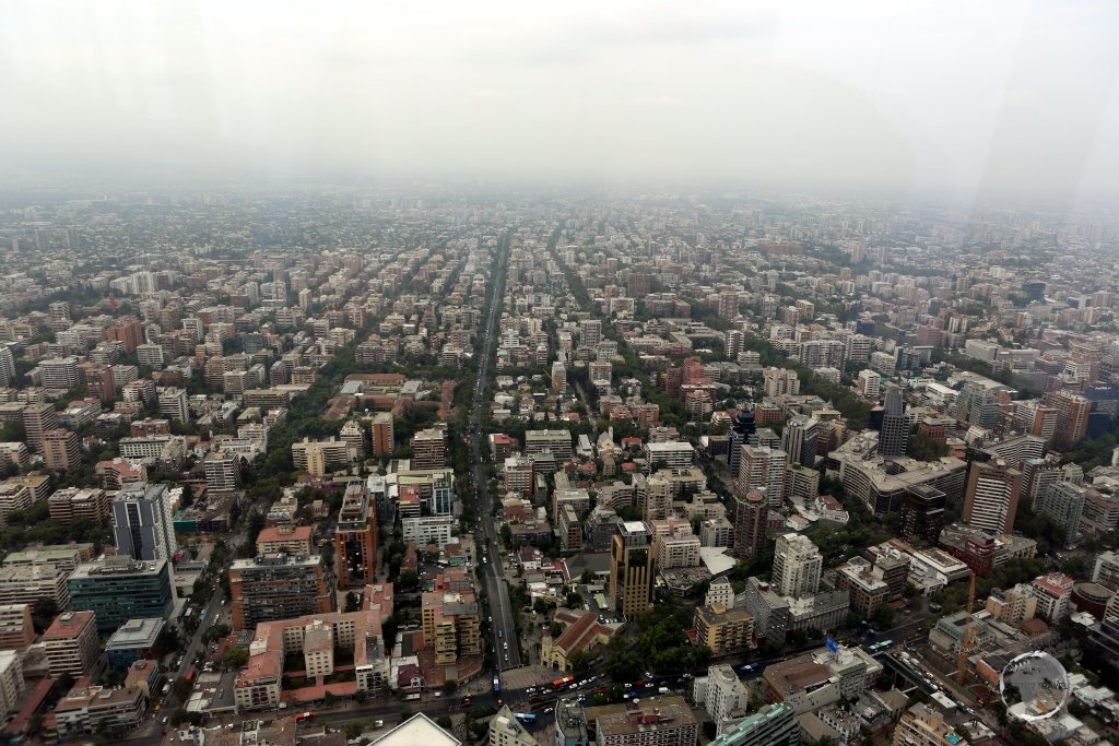 A view of Santiago, the bustling capital of Chile, from the observation deck of the 'Gran Torre Santiago' (Great Santiago Tower), which, at 300 metres (980 ft) in height, is the 2nd tallest building in Latin America.
