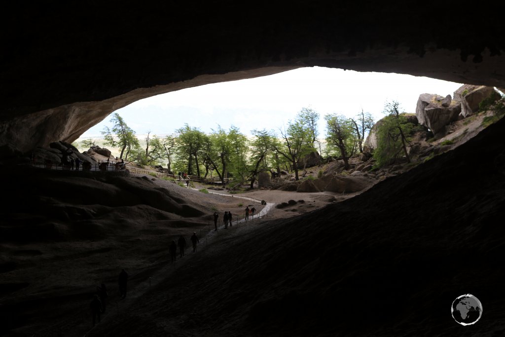 A view from inside the gigantic Mylodon cave, which is named after a large piece of fresh skin which was discovered in the cave and was identified as belonging to an extinct Mylodon animal which died 10,200–13,560 years ago.