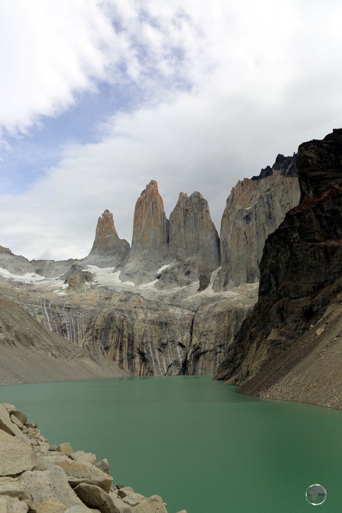A view of the three, soaring, granite 'Torres del Paine' (Towers of Paine), which are, from left to right - Torres d'Agostini, Torres Central and Torres Monzino.