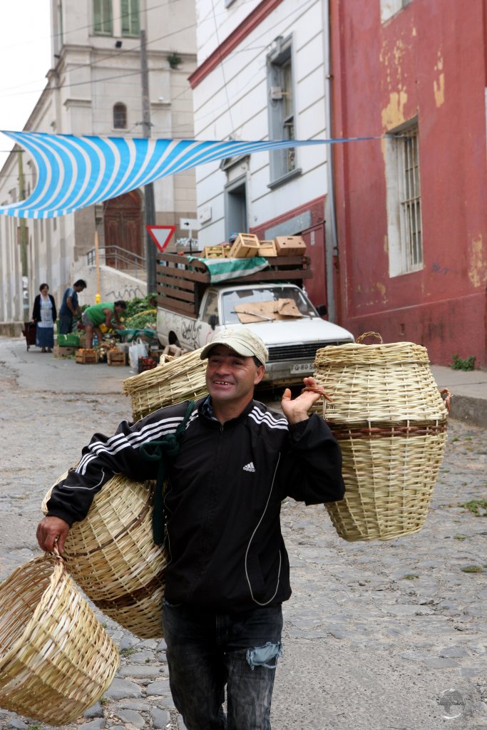 A basket vendor in Valparaiso.
