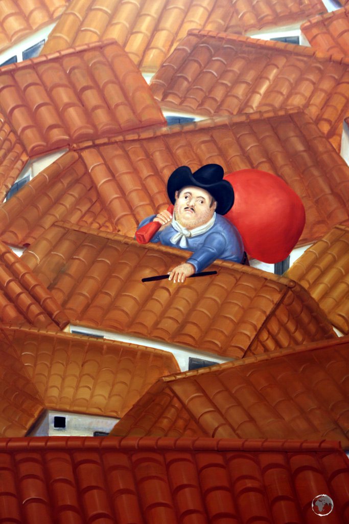 "The Thief on the Roof" (1980), by Fernando Botero, on display at the Museo Botero in Bogota, Colombia.