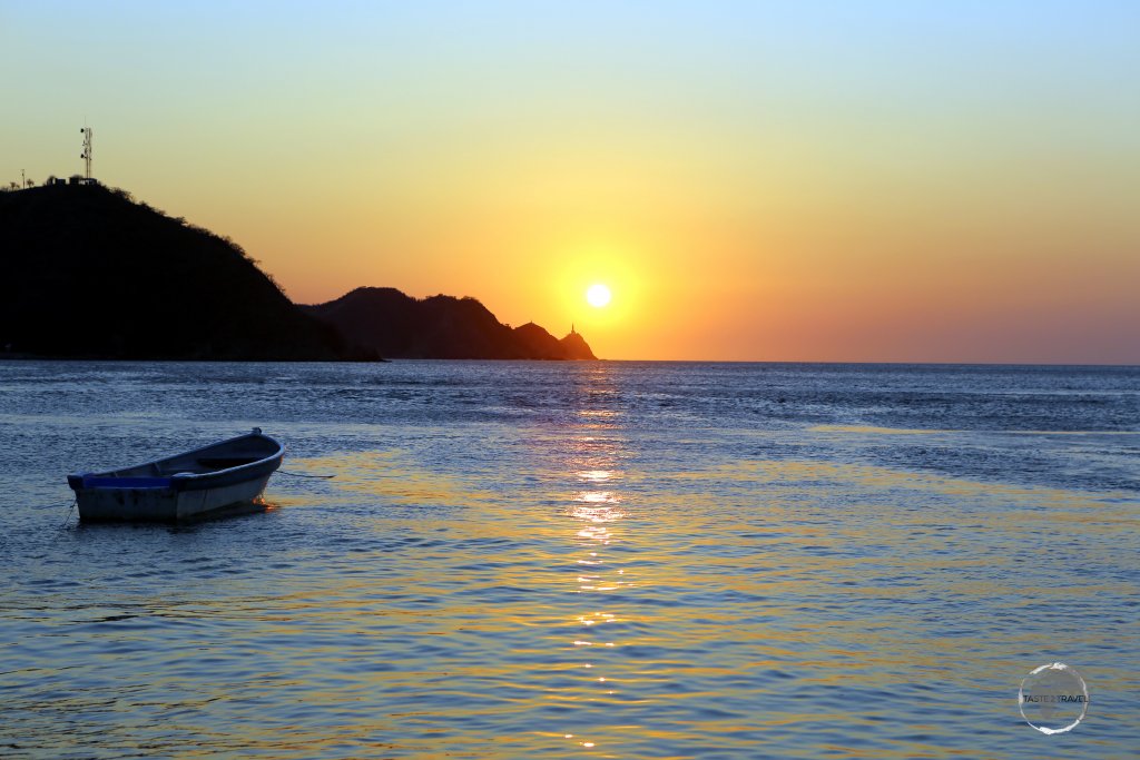 Sunset at Taganga, a small fishing village on the Caribbean sea, located a short drive north of Santa Marta in northern Colombia.
