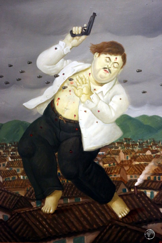 A painting by local artist, Fernando Botero at the Museum of Antioquia in Medellin, shows the capture of Pablo Escobar, who was killed by police while trying to escape from his safe house in Medellin in 1993.