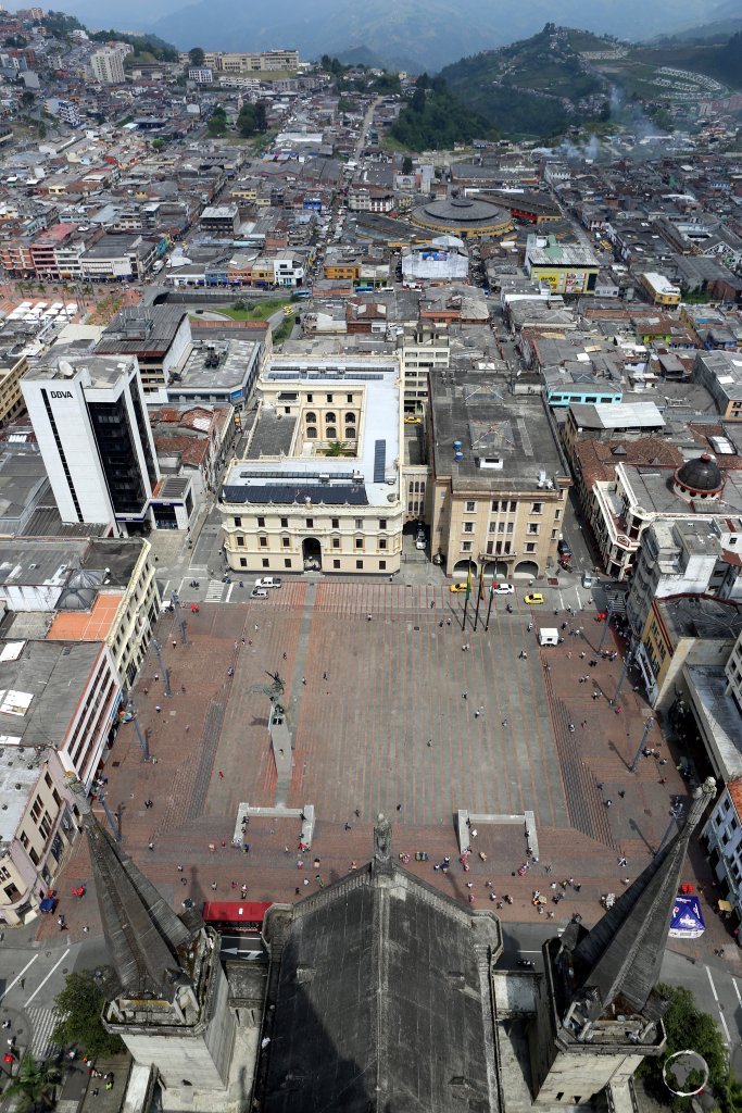A view of Manizales from the top of the main tower of Manizales Cathedral (Catedral de Manizales), which, at 106 metres (347 ft) is the highest church tower in Colombia.