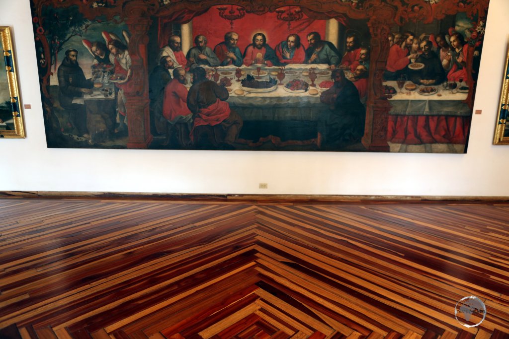 Beautiful, wooden, parquet floors and historic artworks, inside the 'Museo Arte Religioso' (Religious Art Museum) in Popayán, Colombia.