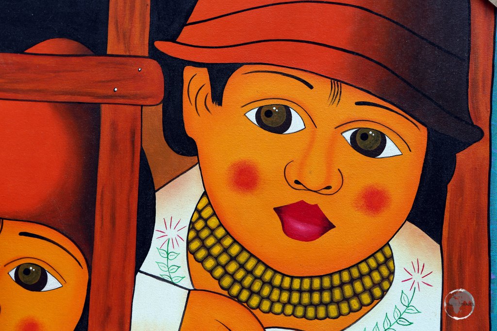 Artwork produced by local Otavaleño native Indians, on sale at the weekly craft market, in the northern Ecuadorian city of Otavalo.