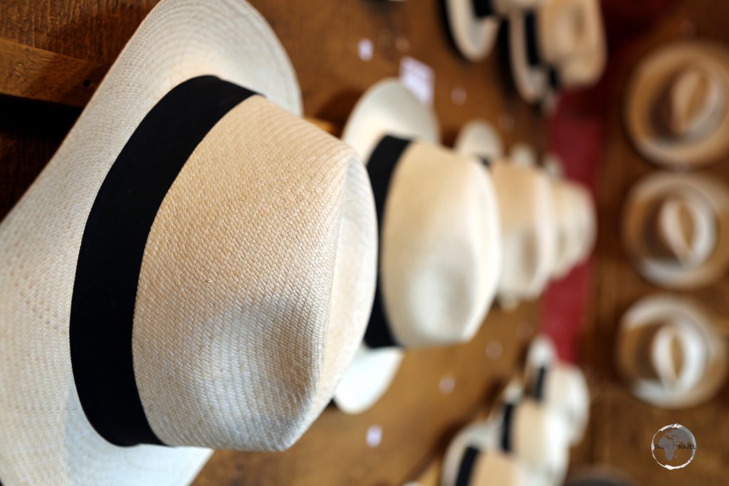 Panama hats, which are made in Ecuador, for sale at a shop in Quito.