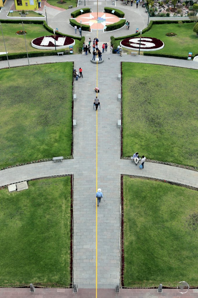 A yellow line at 'La Mitad del Mundo' (the Middle of the World), indicates the supposed Equator. Modern GPS has shown that the Equator actually lies about 240 metres (790 ft) north of the marked line.