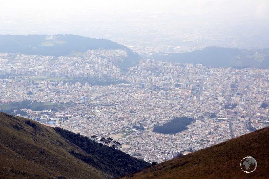 A view of the Ecuadorian capital, Quito, which is located at 2,850 metres (9,350 ft) from the top of the cable car, which is located at 3,945 metres (12,943 feet).