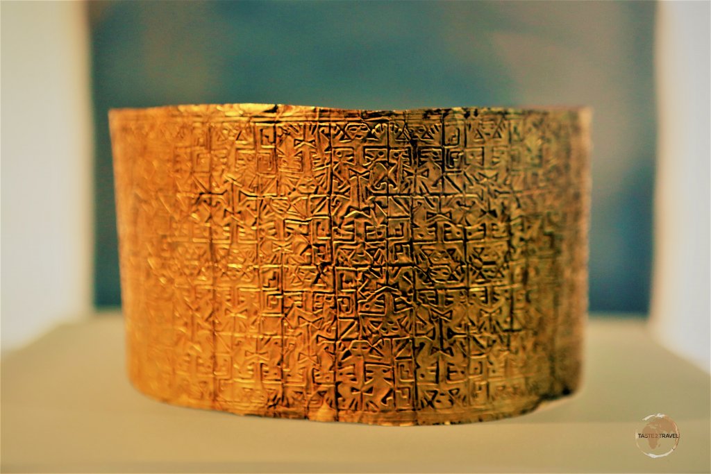 Pre-Colombian gold bracelet at the National Ethnographic Museum of Ecuador in Quito.
