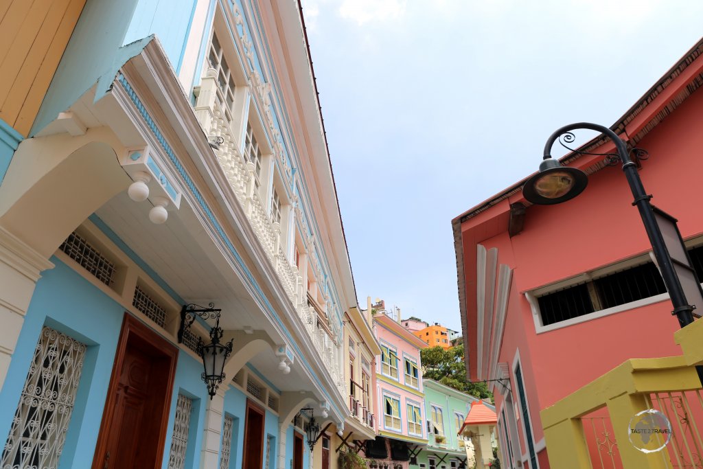 Colourfully restored houses line the narrow laneways of the old Santa Ana neighbourhood of Guayaquil.