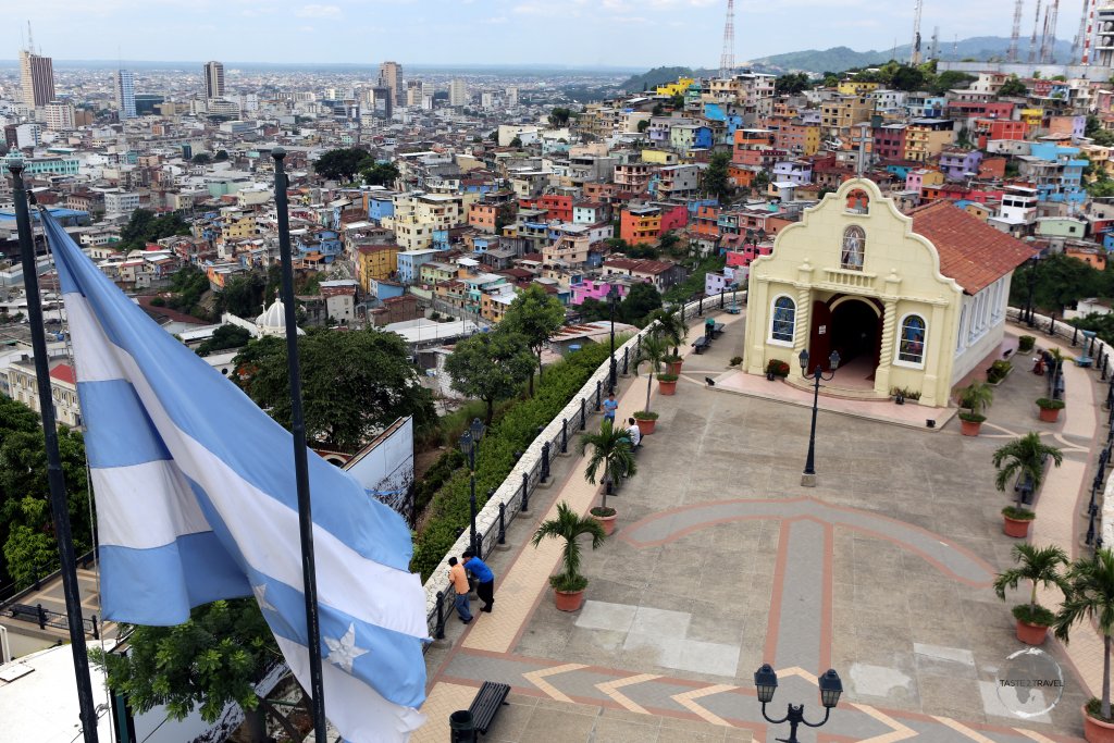 A view of the colourful Guayaquil neighbourhood of Santa Ana from the top of the 'Faro Cerro Santa Ana' (Santa Ana lighthouse).