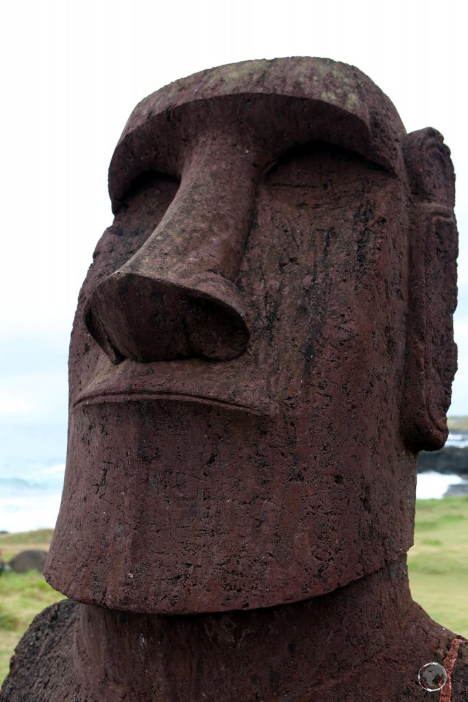 A large moai, with a well-chiselled jaw, overlooks Easter Island.