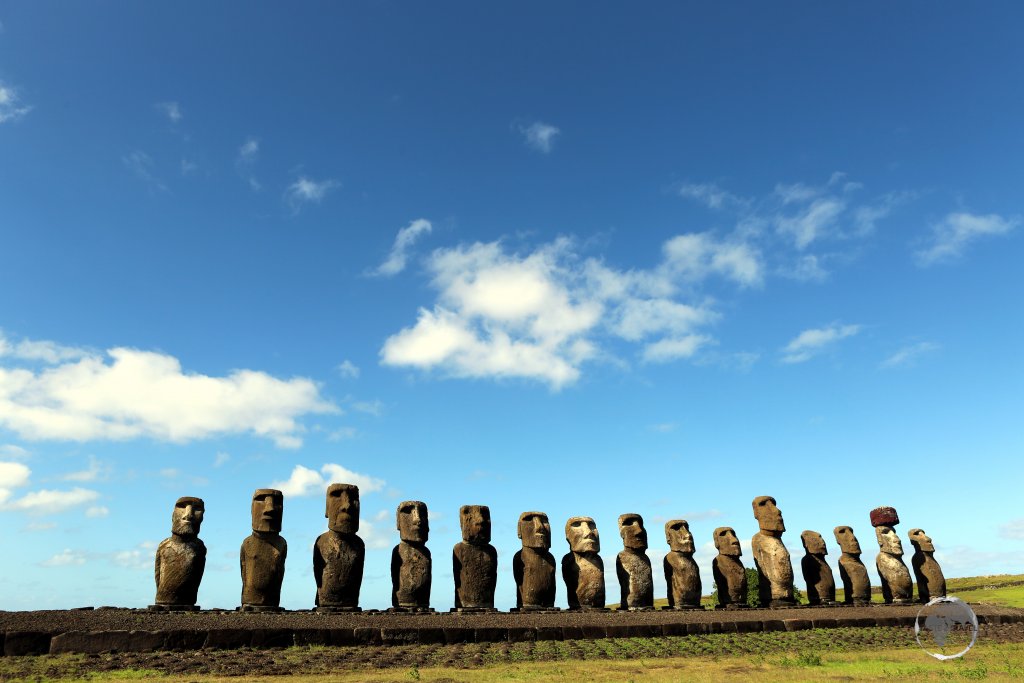 A view of the fifteen moai at Ahu Tongariki, the most photographed sight on Easter Island.