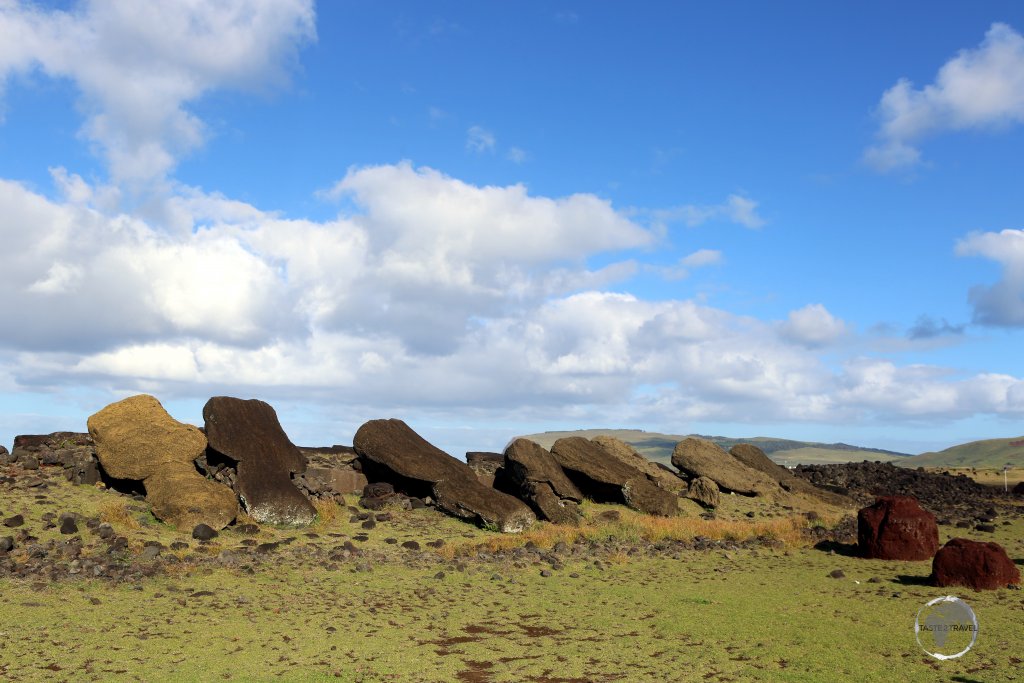 A view of the 13 fallen moai at Ahu Akahanga. Believed to be the burial place of the first king of the Rapa Nui people, the statues were vandalised during a civil war on the island which led to the end of the Rapa Nui civilisation.