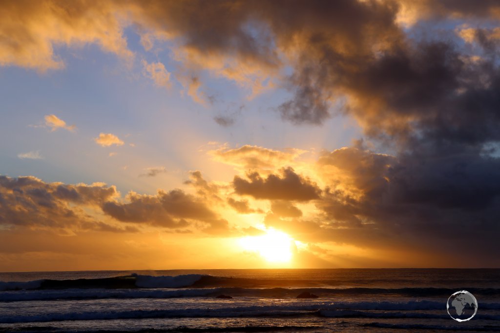 Sunset over the Pacific Ocean, as seen from Hanga Roa, the capital of Easter Island.