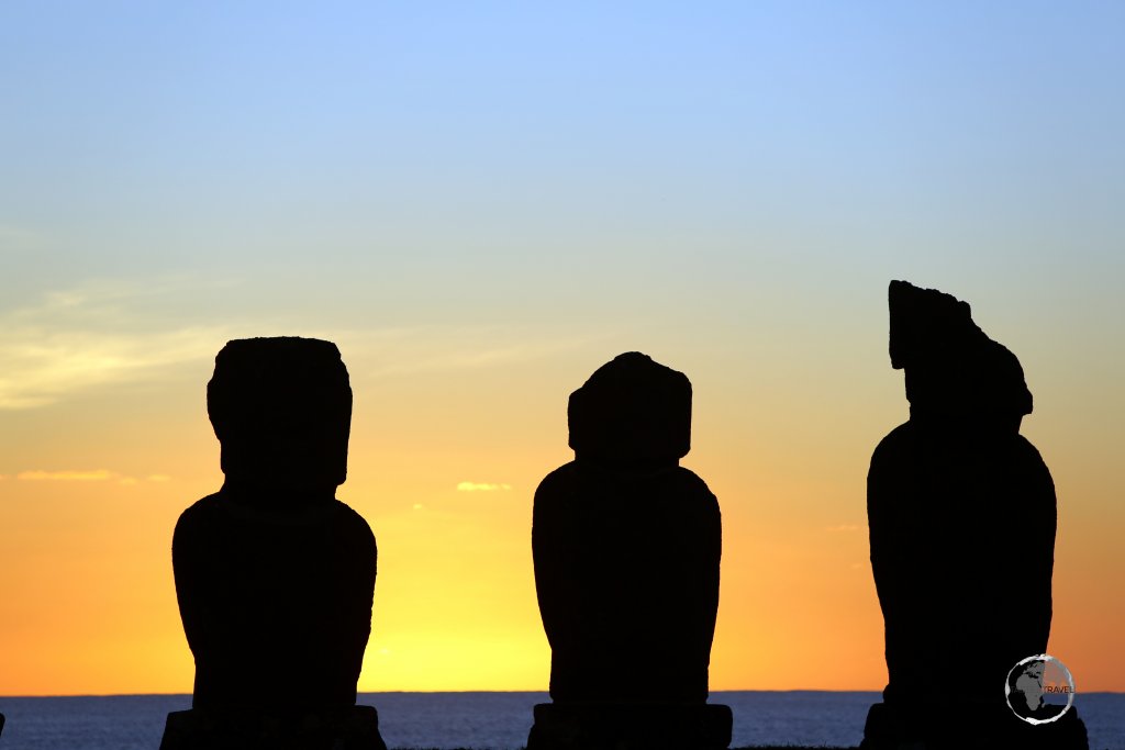 A sunset view of Ahu Tahai, which is located a short distance from Hanga Roa, the capital of Easter Island.