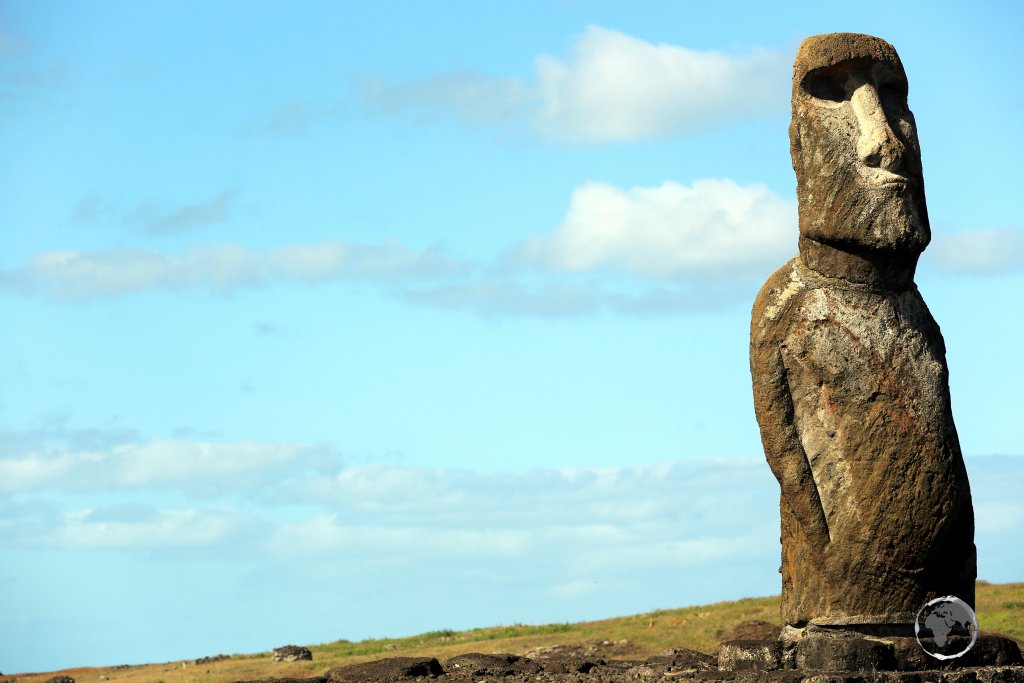 A lone moai, uniquely with arms, stands sentinel over Easter Island.