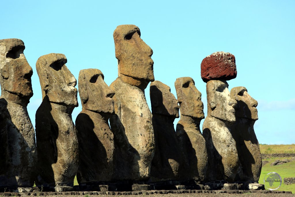 The moai of Ahu Tongariki were toppled during the island's civil war, and, in 1960, a tsunami swept them inland. They have since been returned to their original positions.