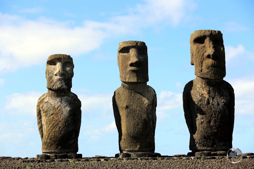 Moai at Ahu Tongariki, just three of the estimated 887 massive statues which are to be found at various locations around Easter Island. Due to their sheer size and weight, theft has never been a problem!