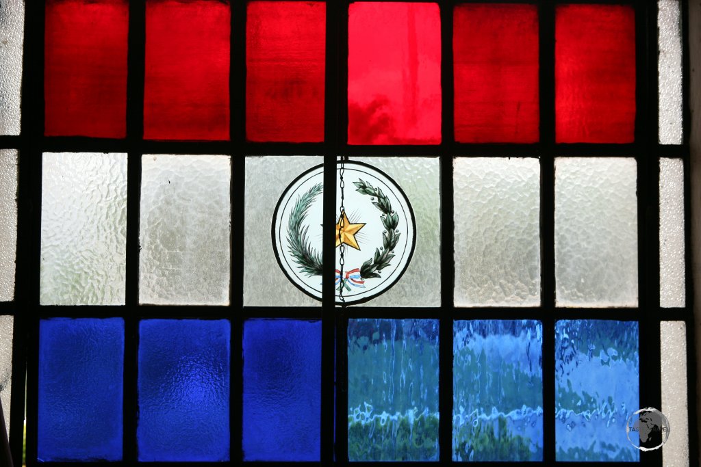 The flag of Paraguay as a stained-glass window in the capital, Asunción.