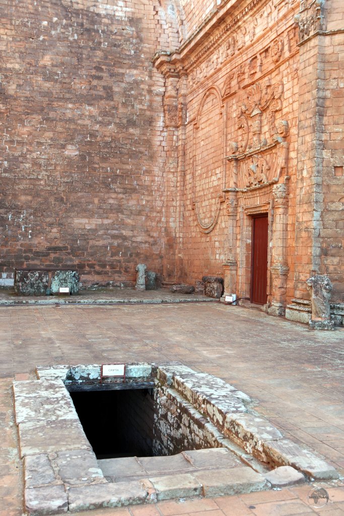 A view of the main church, including the entrance to the crypt, at 'La Santísima Trinidad del Paraná' Jesuit mission in Paraguay.