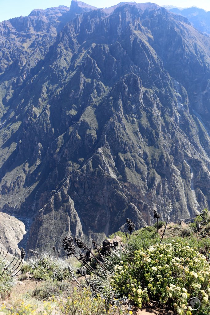 Located 160 km (99 mi) northwest of Arequipa, the Colca river (bottom-left) flows through the Colca canyon, which, at 2,000 metres in depth, is one of the deepest canyons in the world.
