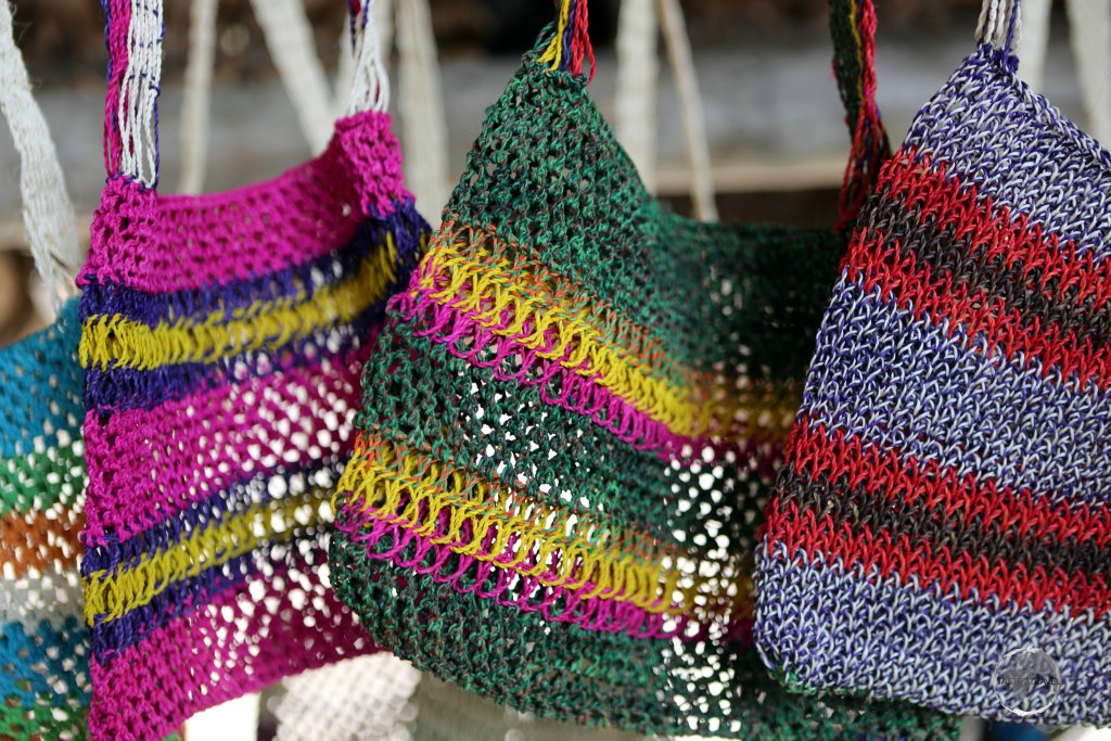Handwoven bags for sale at the Yagua Indian village, near Iquitos, Peru.