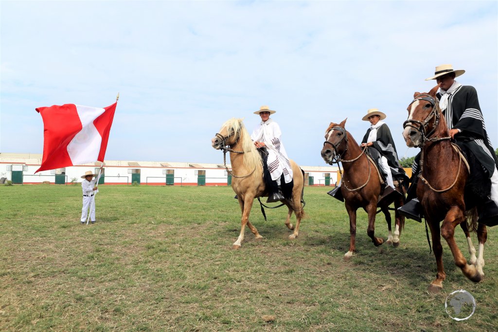 Traditionally dressed ‘Chalanes’, at the Fundo Palo Marino in Trujillo, performing on the Peruvian Paso, or Peruvian Horse, a breed of saddle horse known for its smooth ride.