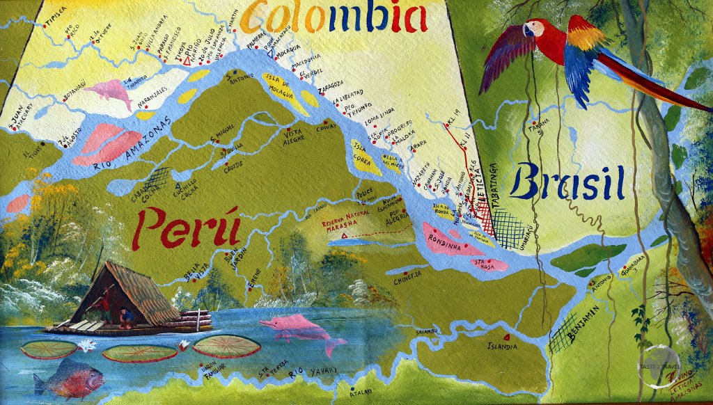 A painting of the 'Tres Fronteras' (Three Frontiers) region, which encompasses the point on the Amazon river where Colombia, Peru and Brazil converge.