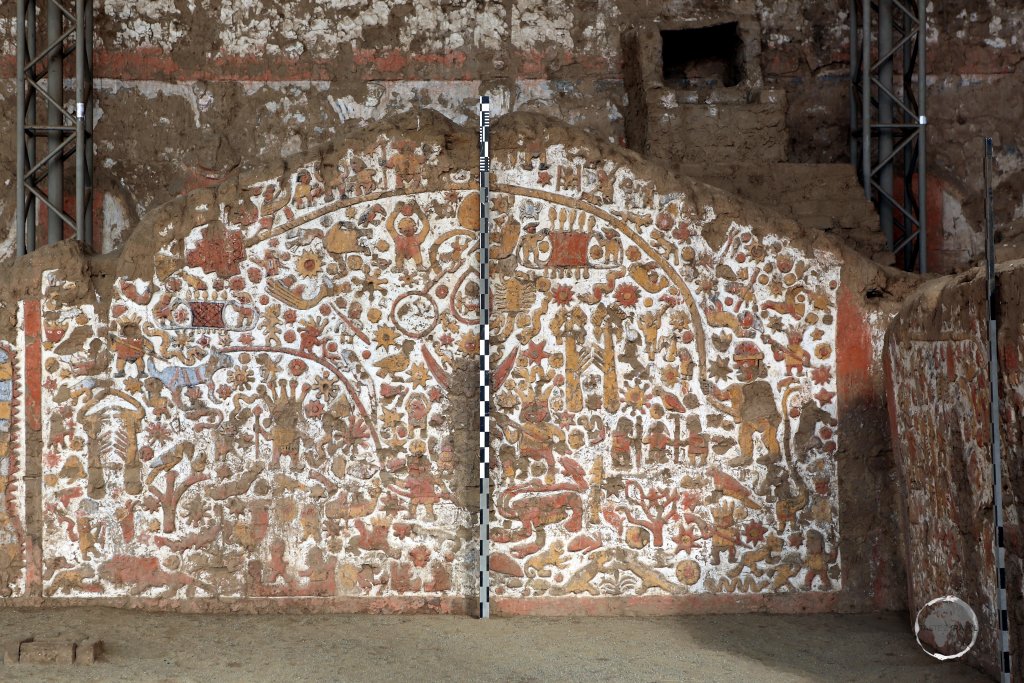 An ancient mural at the Huaca de la Luna (Temple of the Moon), a large adobe brick structure built by the Moche people on the outskirts of Trujillo, northern Peru.