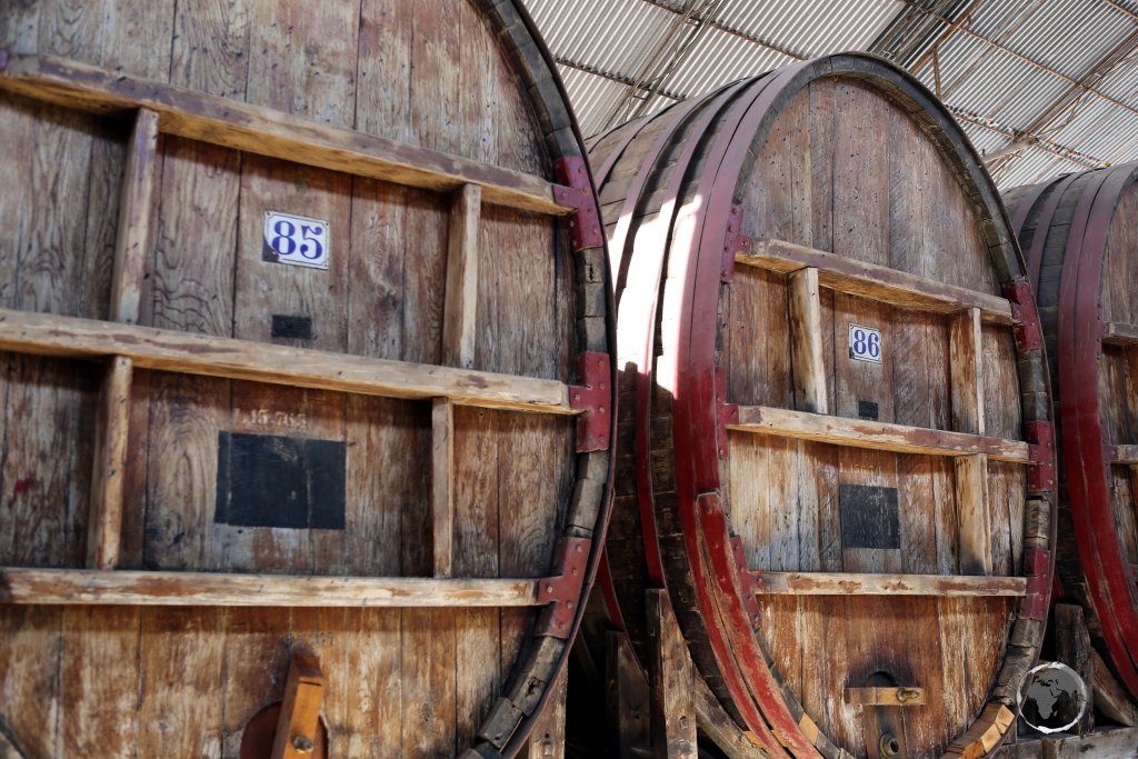 Giant oak wine barrels at the Tacama winery in Ica, Peru.