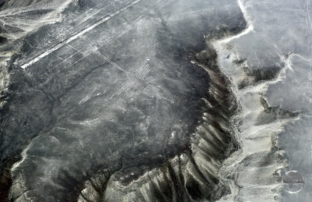 A view of the 'Hummingbird', which is 97.5 metres long (320 ft) and 65.8 metres (216 ft) wide, one of 70 zoomorphic Nazca Lines figures.