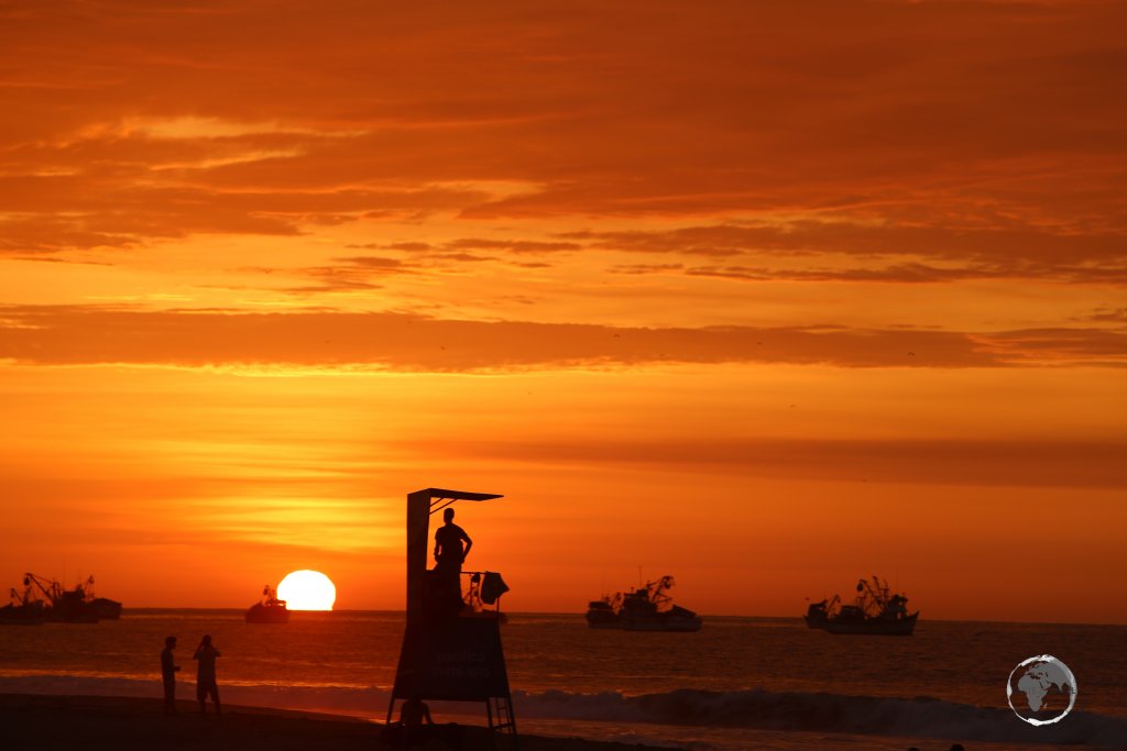 Sunset at Máncora, a resort town in the Piura Region, on Peru's northwest coast which is known for sandy Máncora beach, whose large waves attract surfers.