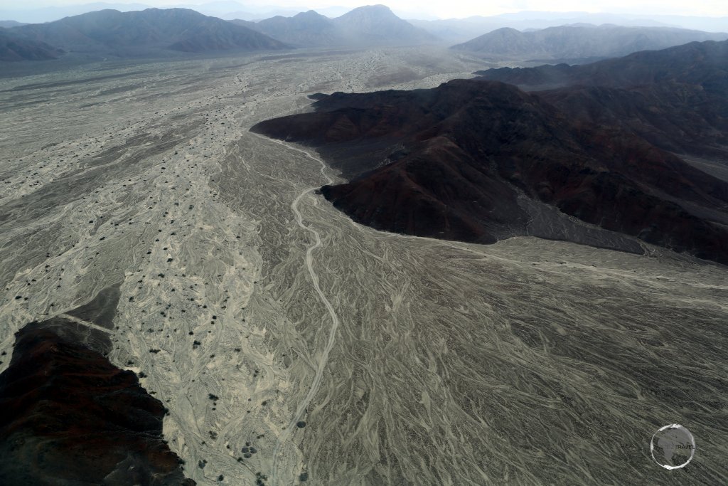 A view of the desert landscape which is home to the Nazca Lines figures, which were created between 500 BC and AD 500 by people making depressions in the desert floor.