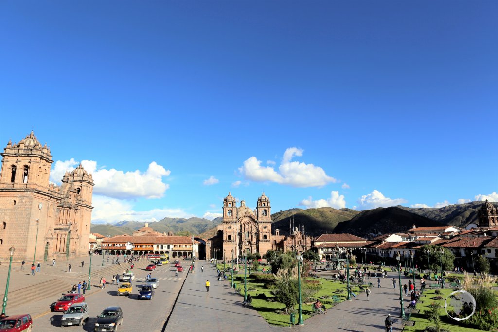 The Plaza de Armas, the main square of the Andean city of Cusco, is flanked by the Cathedral Basilica of the Assumption of the Virgin (left) and the Company of Jesus (right).