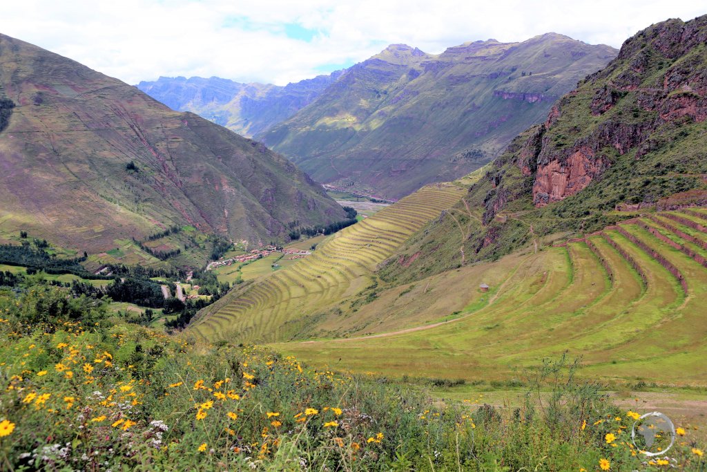 A panoramic view of the Inca-built terraces at Pisac, which lie at varying elevations between 3,446 metres (11,306 ft) and 3,514 metres (11,529 ft).