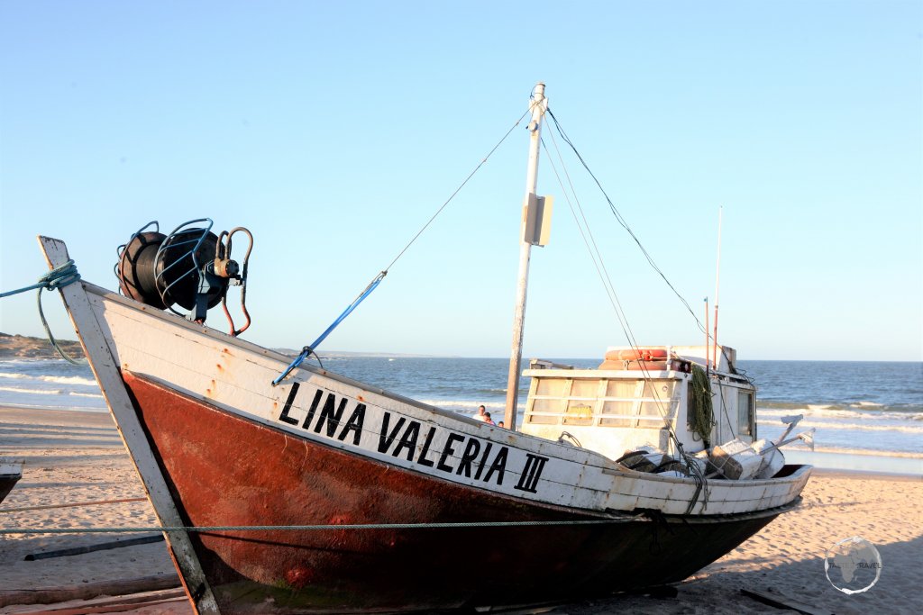 A fishing boat on the beach of Punta del Diablo, a beachside town located on the north coast of Uruguay.