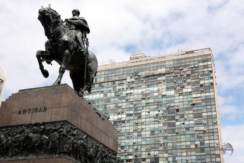 An equestrian statue of José Gervasio Artigas, a national hero, in downtown Montevideo.