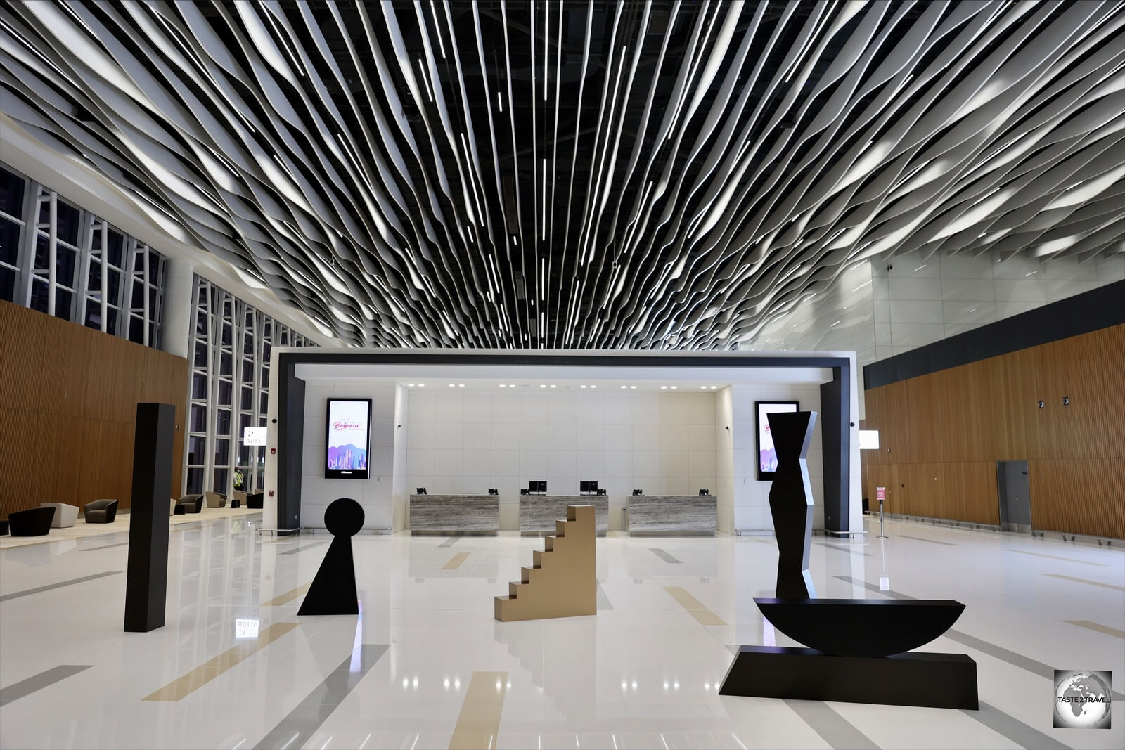 One of the very sleek and modern departure areas at Bahrain International Airport.