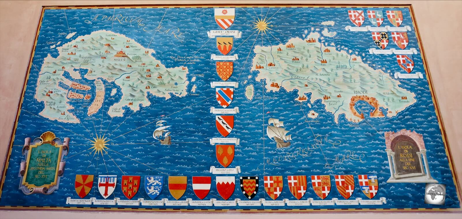 The islands of Rhodes and Malta, former headquarters of the Order, are displayed in the Hall of Honour.
